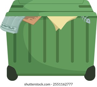 Uma lata de lixo verde com um jornal e um peixe em cima