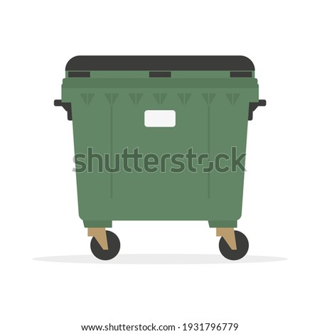 Green trash can on wheels on white background