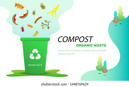 Green trash can with organic waste illustration for waste composting,  waste recycling concept for compost organic waste vector illustration. 