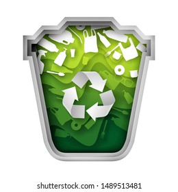 Green trash can with plastic garbage, vector illustration in paper art style. Waste sorting and recycle, ecology concept for web banner, website page etc.