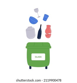 Grüner Müllcontainer für Glasabfälle. Müllkippe für Glaswaren. Abfallbehälter für Flaschen, Gläser, Vasen. Öko-Recycling-Geschirr. Flache Vektorgrafik einzeln auf weißem Hintergrund