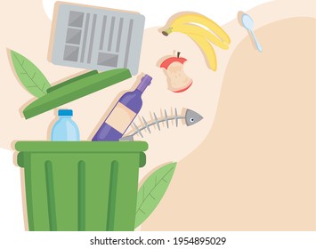 basura verde con iconos de la basura