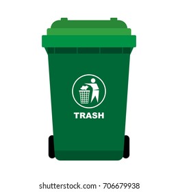 Green Trash with man throw out the thrash icon, isolated on white background, flat design style-Vector Illustration