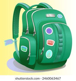 green travel backpack with stickers