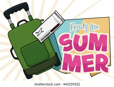 Green travel bag with fly ticket ready to adventure in this summer.
