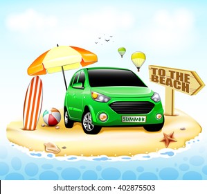 Green Travel Car to the Beach with Surfboard and Beach Ball Beside the Umbrella at the Seashore and Two Hot Air Balloons in the Sky in Summer Holidays. Vector Illustration
