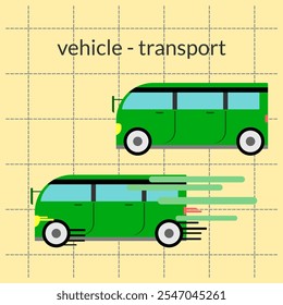 green travel car. delivery. taxi. private vehicle. transport. traffic jam. electric car. petrol car. minibus. car rental. vector illustration