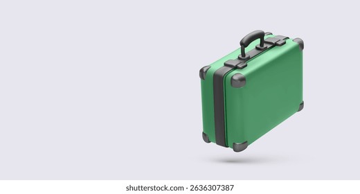 Green Travel Suitcase With Black Handle And Corners Isolated On Light Background, Minimalistic Design In 3D Style. Perfect For Tourism And Vacation Themes. Vector Illustration.