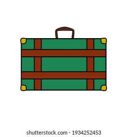 Green travel suitcase in cartoon style on white background.