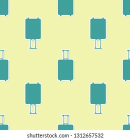 Green Travel suitcase icon isolated seamless pattern on yellow background. Traveling baggage sign. Travel luggage icon. Flat design. Vector Illustration