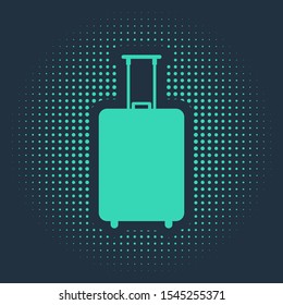 Green Travel suitcase icon isolated on blue background. Traveling baggage sign. Travel luggage icon. Abstract circle random dots. Vector Illustration