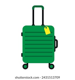 a green travel suitcase with wheels and handle