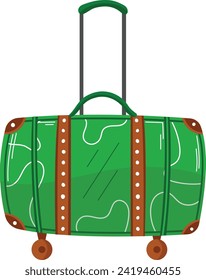 Green travel suitcase with wheels, ready for a journey. Vibrant luggage for vacation depicts mobility, travel.