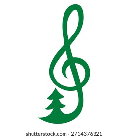Clef agudo verde con árbol de navidad, clave de música festiva, Ilustración vectorial.