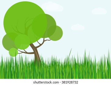 Green tree among grass and clouds. Vector.