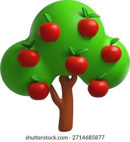Árbol verde con manzanas Ilustración vectorial realista 3D. Render planta de granja de manzanos con frutas rojas dulces. Activo de juego de jardín. Elemento de diseño de volumen de naturaleza agrícola aislado sobre fondo blanco