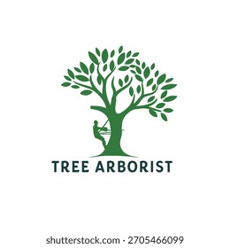 Green tree arborist logo with worker trimming tree on white background.