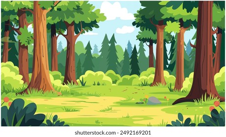 Green Tree Assets Mountain Landscape Cartoon 2D Blue Sky Beatiful Anime Vector Illustration