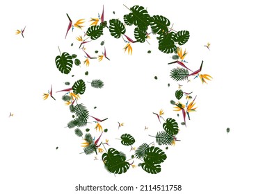 Green Tree Background White Vector. Leaf Rainforest Frame. Light Green Strelitzia. Miami Pattern. Orange Style Card.