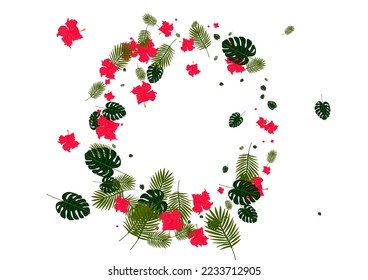 Green Tree Background White Vector. Hibiscus Popular Card. Light Green Strelitzia. Realistic Pattern. Red Style Frame.