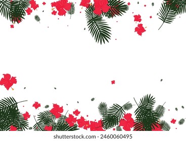 Green Tree Background White Vector. Foliage Tropical Card. Pink Flora. Garden Frame. Red Vivid Pattern.