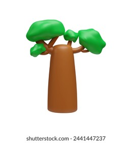 Green tree baobab 3D realistic vector illustration. Render forest plant tree with a thick trunk. Flora game asset, nature volume toy design element plasticine texture isolated on white