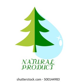 Green tree with big dew drop and text Natural Product on white card