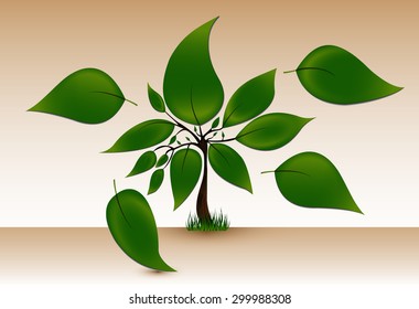 Green tree with big leaves falling, vector illustration