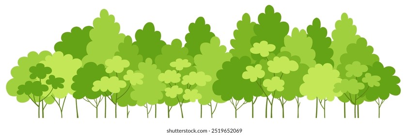 Borde de árbol verde. Bosque de dibujos animados y árboles del parque en fila. Panorama de árboles forestales