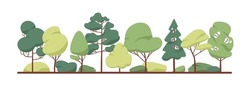 Green Tree Border. Forest Foliage And Coniferous Plants In Row. Mixed Wood Panorama With Stylized Fir, Poplar Trunks And Crowns. Flat Vector Illustration Of Woodland Isolated On White Background