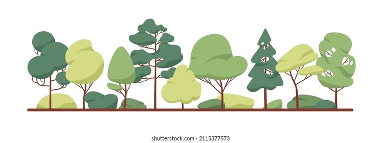 Green tree border. Forest foliage and coniferous plants in row. Mixed wood panorama with stylized fir, poplar trunks and crowns. Flat vector illustration of woodland isolated on white background - Shutterstock ID 2115377573