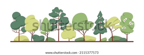 Green tree border. Forest foliage and\
coniferous plants in row. Mixed wood panorama with stylized fir,\
poplar trunks and crowns. Flat vector illustration of woodland\
isolated on white\
background