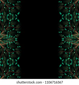 Green Tree Border isolated on Black Background. Vector Illustration