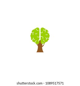 Green tree brain creative logo. Logotype concept. Education and human mind. Vector flat illustration
