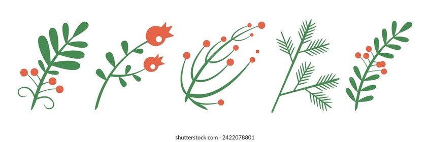 Green Tree Branch with Red Berry Flat Vector Set