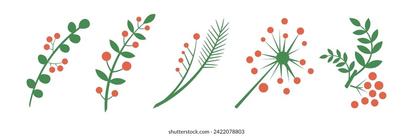 Rama de árbol verde con conjunto de vectores planos de cerezo rojo