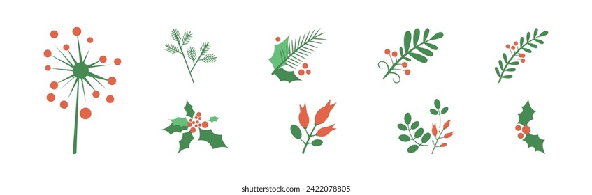 Green Tree Branch with Red Berry Flat Vector Set