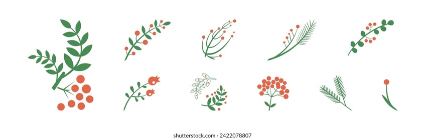 Green Tree Branch with Red Berry Flat Vector Set