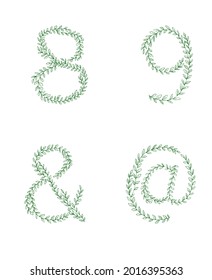 Green tree branch set of figures numbers. Alphabet abc font capital letters for logo design. Vector illustration doodles, line art style design