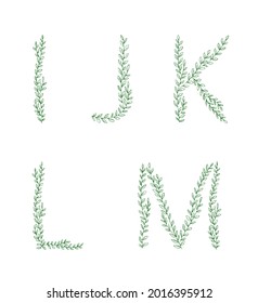 Green tree branch set of letters. Alphabet abc font capital letters for logo design. Vector illustration doodles, line art style design