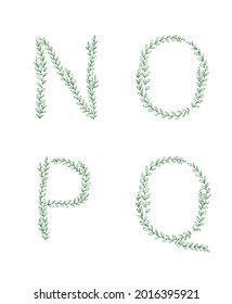 Green tree branch set of letters. Alphabet abc font capital letters for logo design. Vector illustration doodles, line art style design