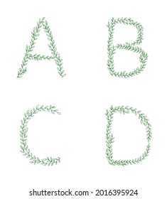 Conjunto de letras de la rama verde del árbol. Letra alfabética abc letras mayúsculas para el diseño del logotipo. Dibujos de ilustraciones vectoriales, diseño de estilo de arte de línea