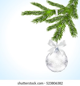 Green tree branch with silver ball and ribbon on a white background. Ball decorated with snowflakes. Vector illustration