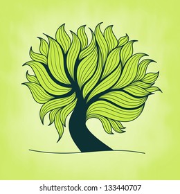 Green tree with branches and leaves, fresh grass, spring theme, vector illustration