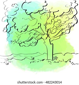 Green tree. Bright aquarelle spot on white background. Vector image for eco design