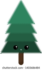 the green tree with a brown trunk has a cute little face with eyes rolled top-left expresses sadness set isolated on white background viewed from the front, vector, color drawing or illustration.