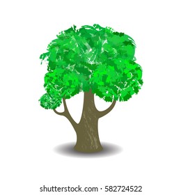 Green tree with brush textured crown. Vector illustration on white background. Hand-painted leaf crown. Handdrawn tree with shadow isolated. Summer forest element in cartoon style. Nature care symbol