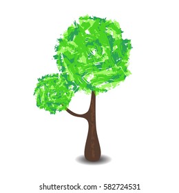 Green tree with brush textured crown, vector illustration on white background.  Handdrawn tree with summer foliage and shadow.  Tall tree with round crown. nursery style forest clipart. Spring nature
