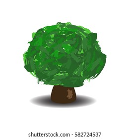 Green tree with brush textured crown. Vector illustration on white background. Handdrawn oak tree with shadow isolated. Summer tree cartoon style. Wide tree isolated. Forest element. Earth day banner