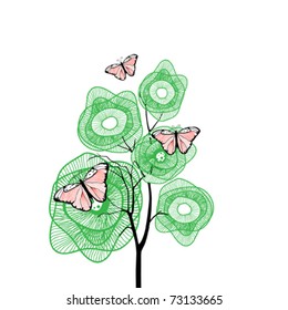 Green tree with butterflies. Vector illustration